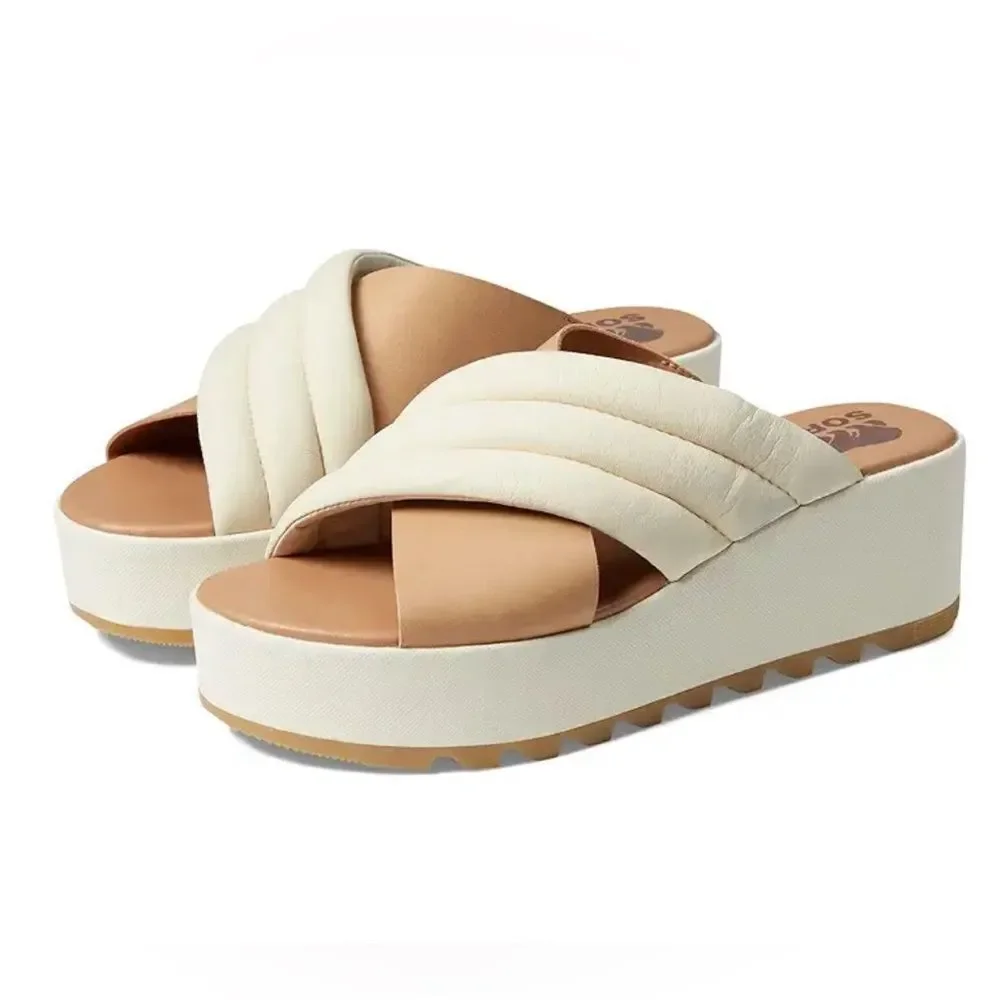 Sorel Cameron Flatform Platform Puff Strap Criss Cross Sandals Mules Size 9.5